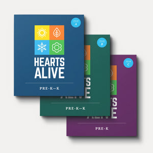 Three books titled 'Hearts Alive' for Pre-K-K on a white background with a USB drive icon.