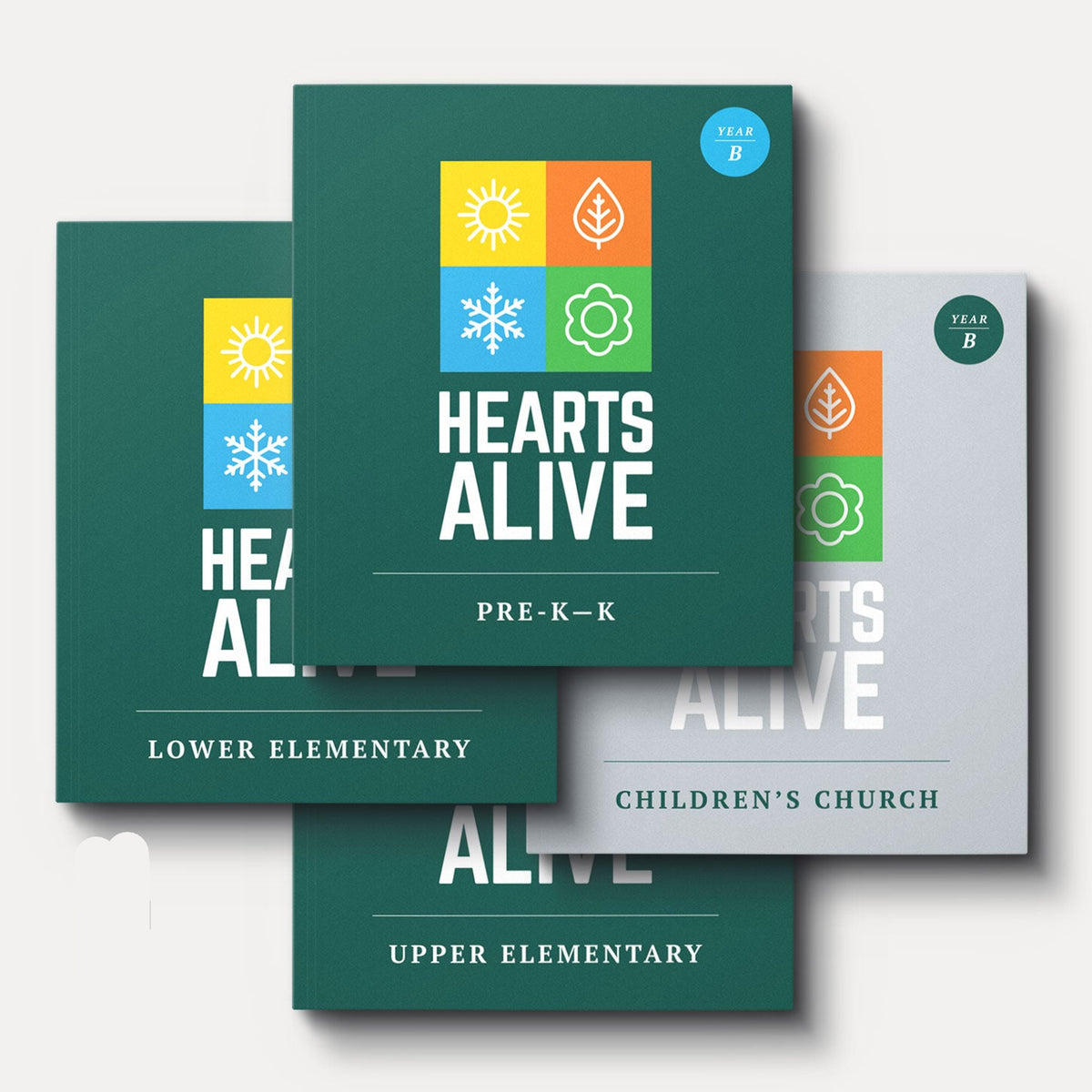 Educational materials titled 'Hearts Alive' for different age groups on a white background.