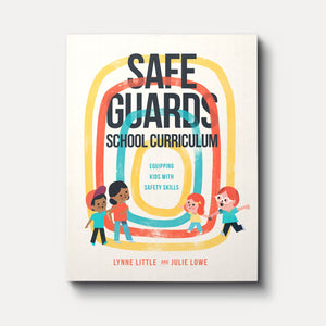 The front cover of the book 'Safe Guards School Curriculum' by Lynne Little and Julie Lowe, featuring a colorful retro-style design with children and concentric arches, shown on a light gray background with a small USB icon in the lower-left corner.